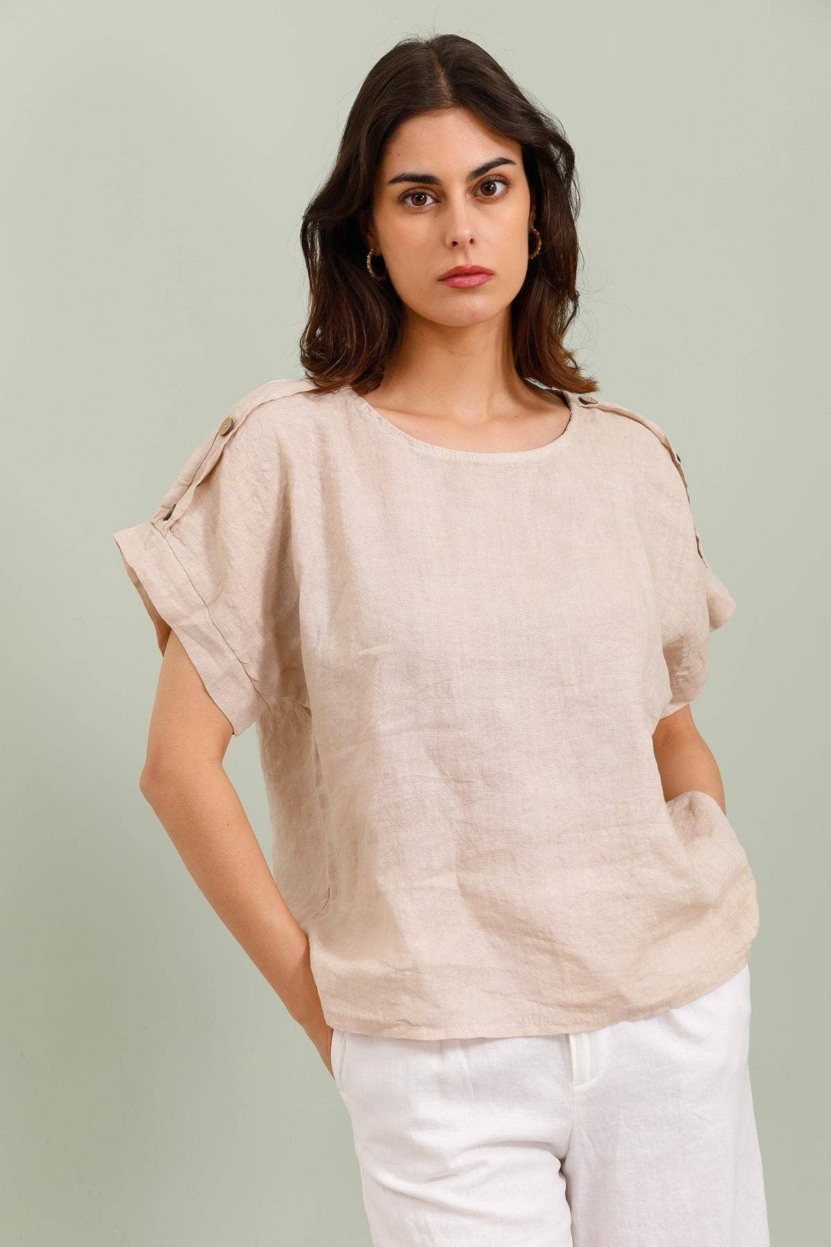 Linen Button Detail Short Sleeve Top