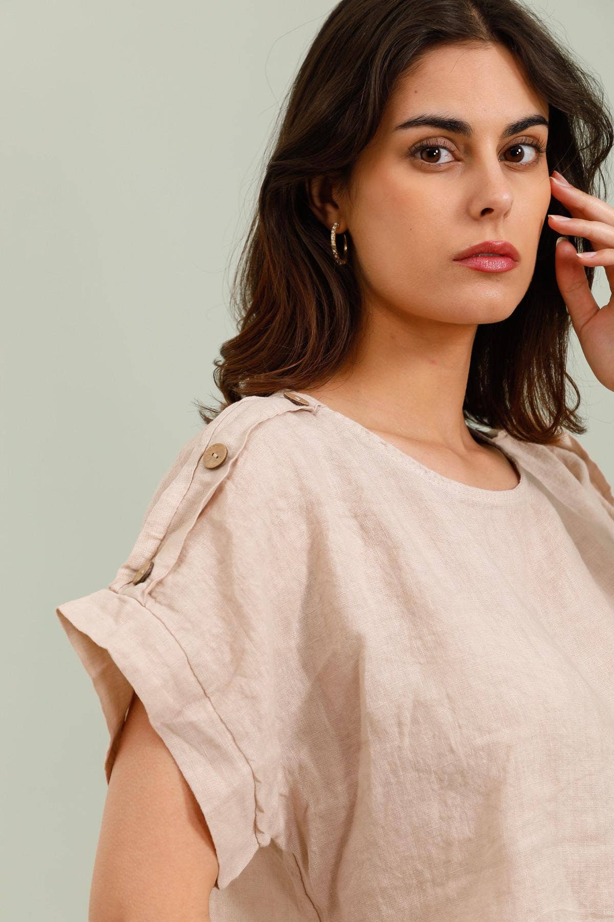 Linen Button Detail Short Sleeve Top