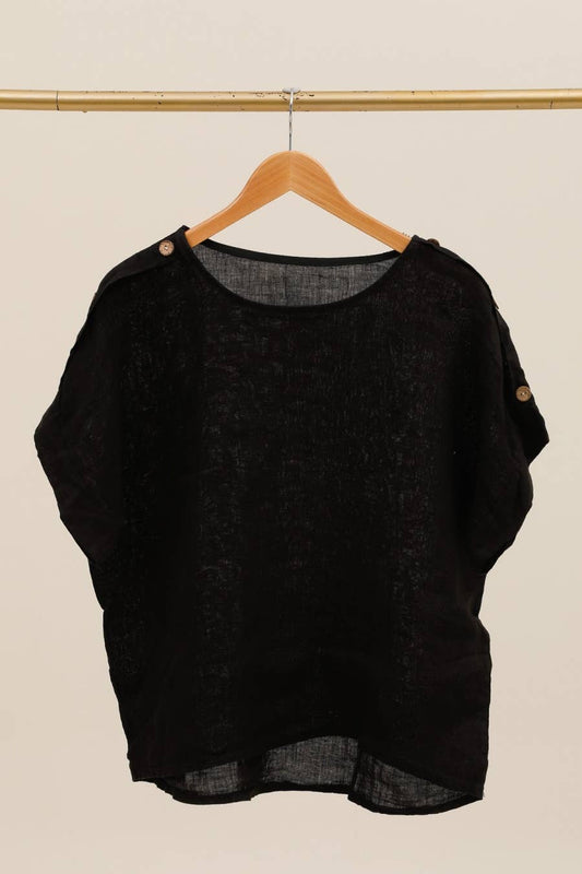Linen Button Detail Short Sleeve Top