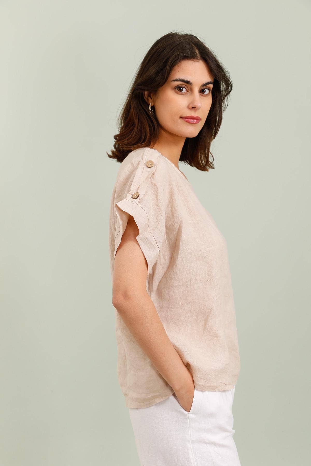Linen Button Detail Short Sleeve Top