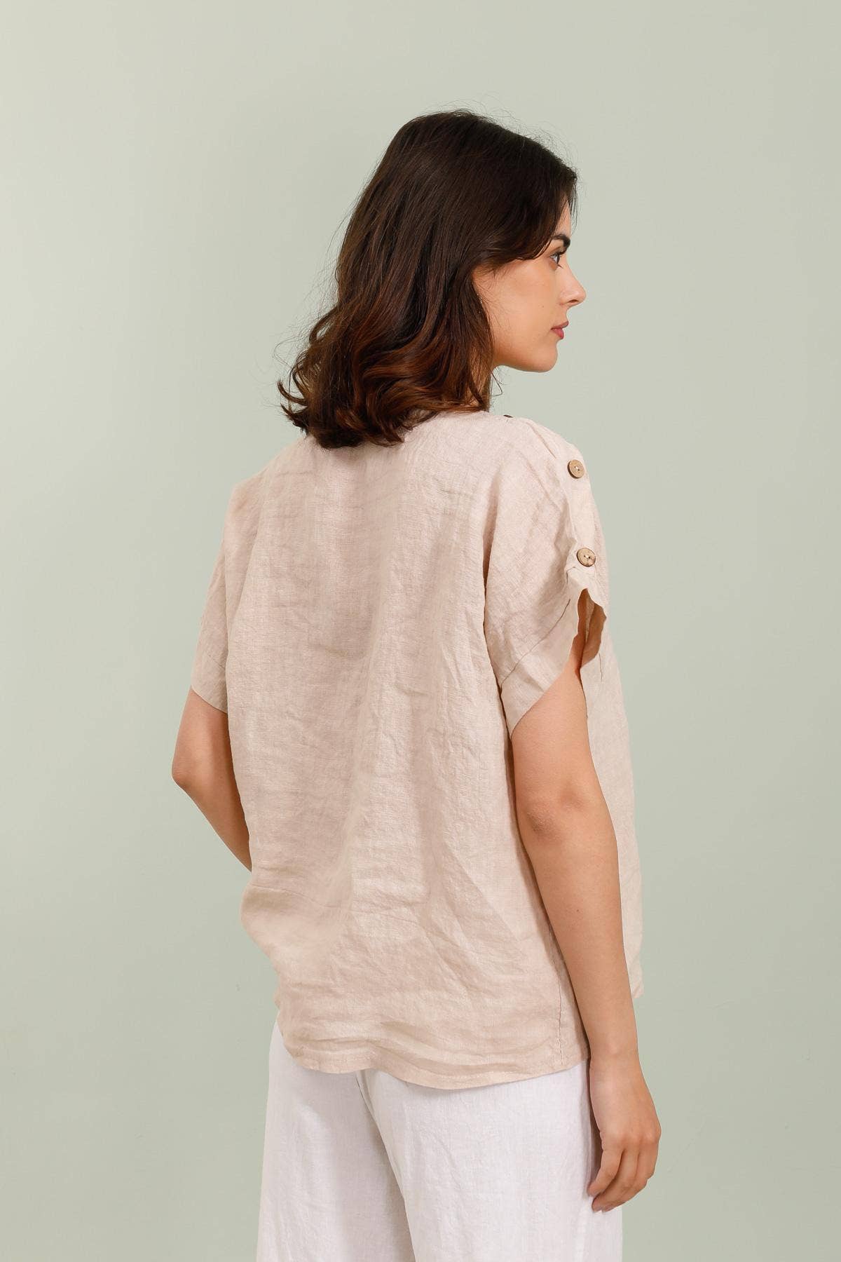 Linen Button Detail Short Sleeve Top